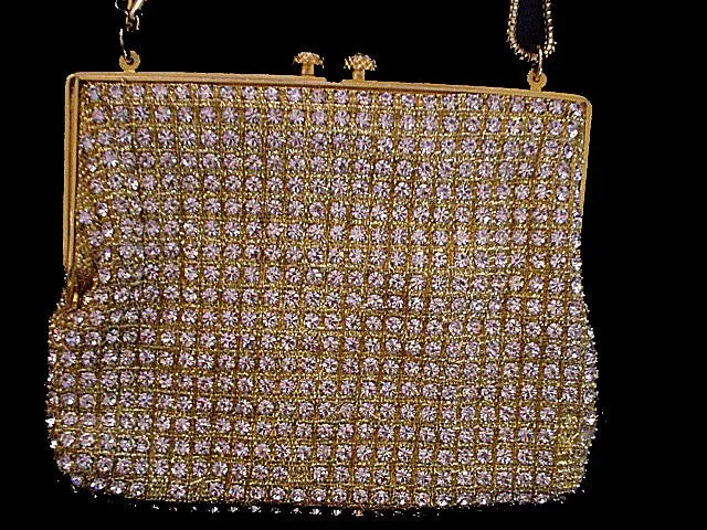 * FROM MY OWN PERSONAL COLLECTION - BEAUTIFUL SPARKLING VINTAGE RHINESTONE & GOLD EVENING BAG WITH A HUGE RHINESTONE CLASP - HAND MADE IN HONG KONG