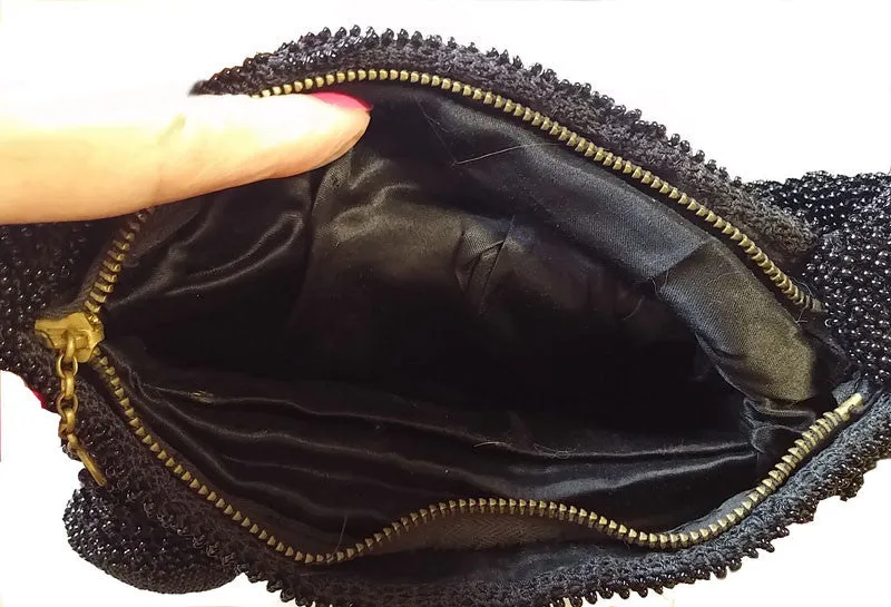 * VINTAGE 1940s BLACK BEADED PURSE WITH TONS OF TINY BEADS AND A BEADED POM POM PULL