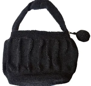 * VINTAGE 1940s BLACK BEADED PURSE WITH TONS OF TINY BEADS AND A BEADED POM POM PULL