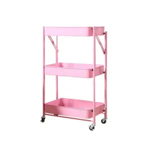 3-Tier Foldable Trolley Organizer Rack With Wheels Pink