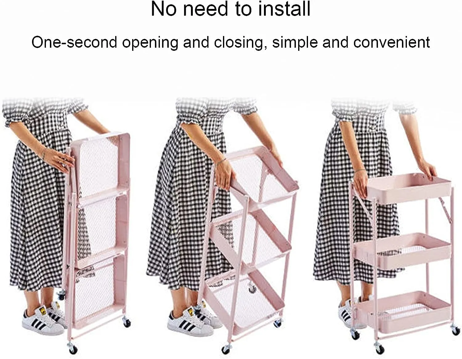 3-Tier Foldable Trolley Organizer Rack With Wheels Pink