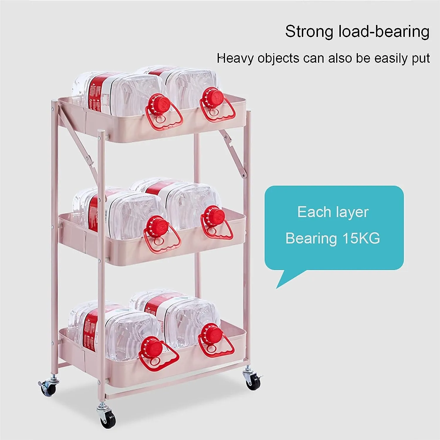 3-Tier Foldable Trolley Organizer Rack With Wheels Pink