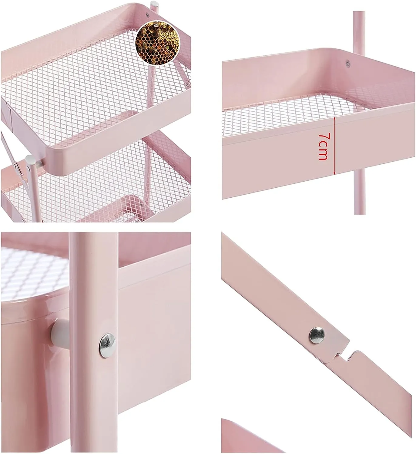 3-Tier Foldable Trolley Organizer Rack With Wheels Pink