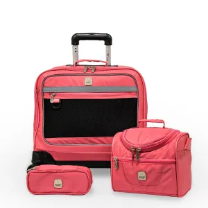 5 Pieces Set - 4 Wheels School Bag trolley with Lunch Bag   Pencil Case   Water Bottle & Wires Stationary Pink