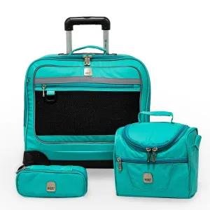 5 Pieces Set - 4 Wheels School Bag trolley with Lunch Bag   Pencil Case   Water Bottle & Wires Stationary Teal