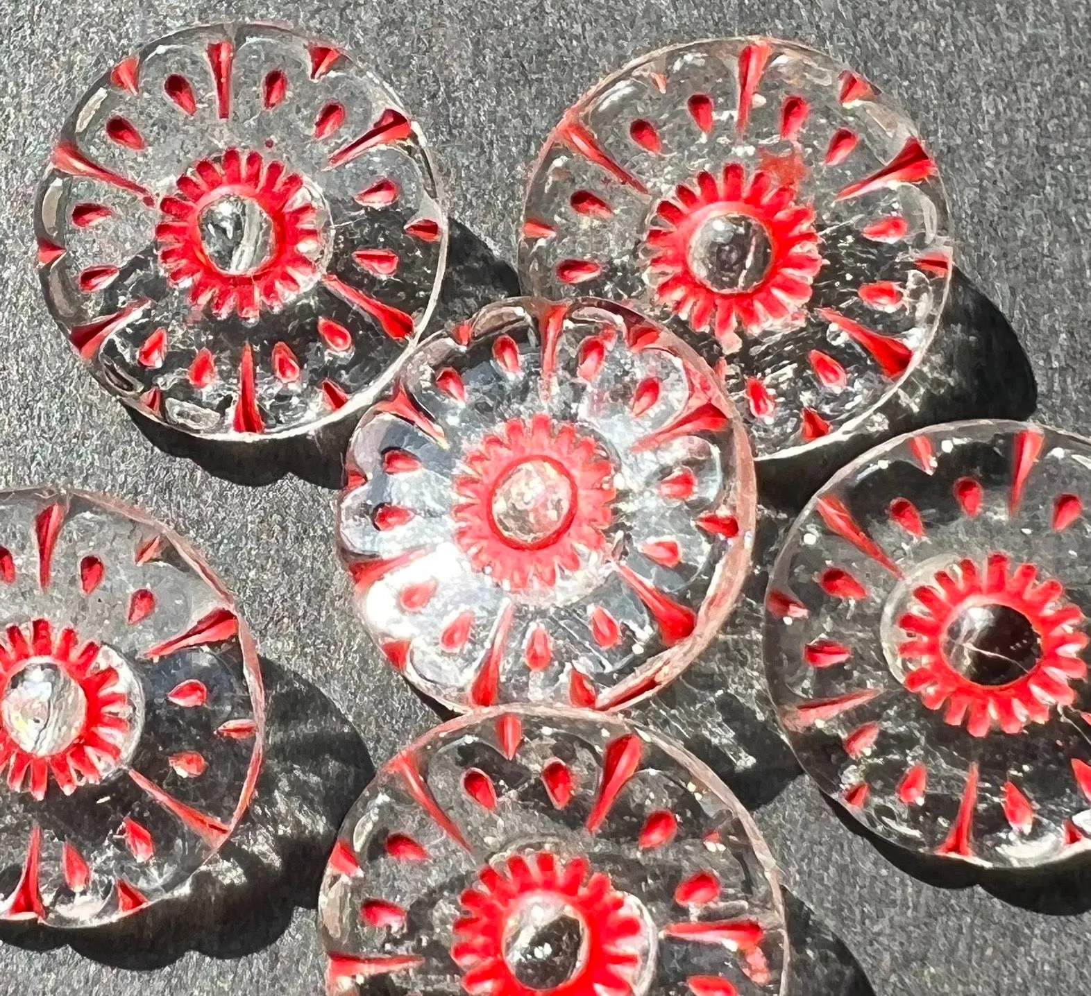 6 Striking Red Painted 1920s Glass Buttons - 15mm wide