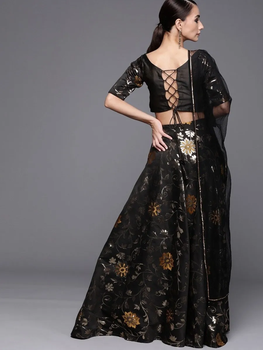 Black Gold Floral Woven Semistitched Lehenga with Blouse and Net Dupatta