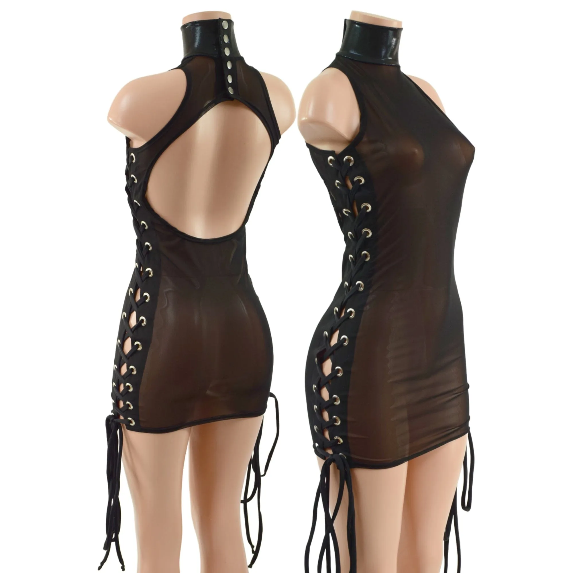 Black Mesh Backless Dress with Snap Back Collar and Laceup Sides