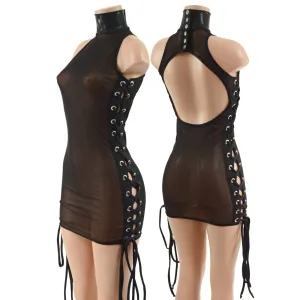 Black Mesh Backless Dress with Snap Back Collar and Laceup Sides