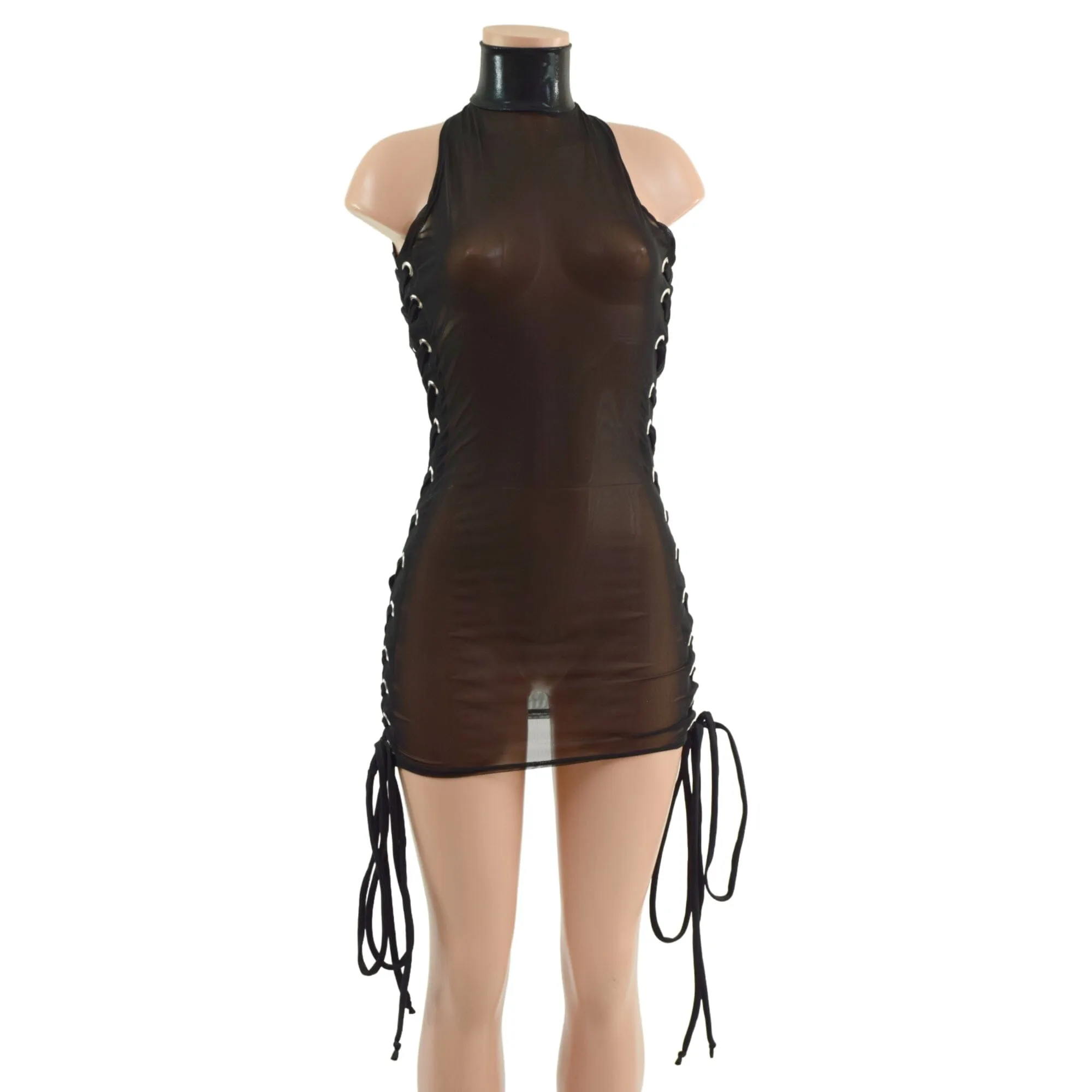 Black Mesh Backless Dress with Snap Back Collar and Laceup Sides