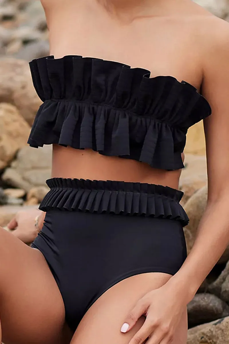 Black Ruffle Design Striking Tie Back Bikini