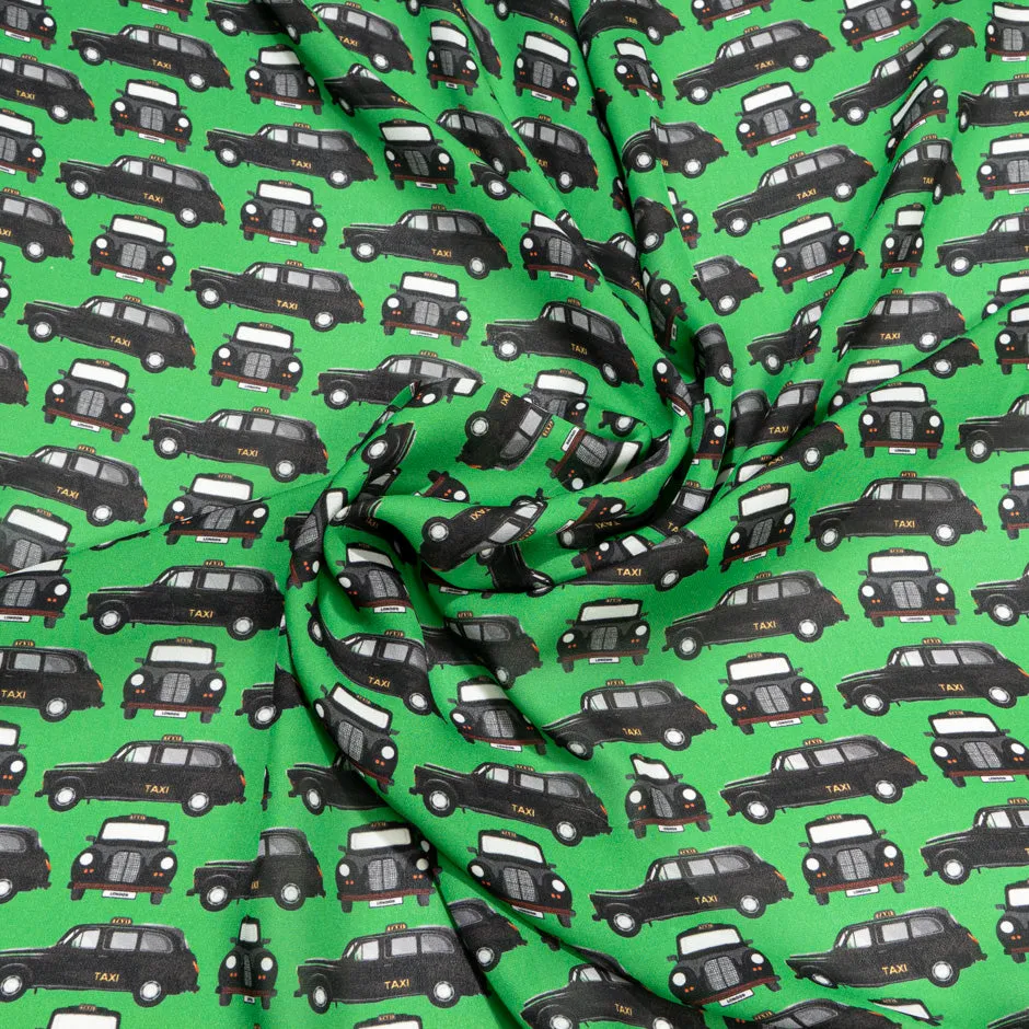 Black Taxi Cab Printed Emerald Green Silk Crêpe de Chine