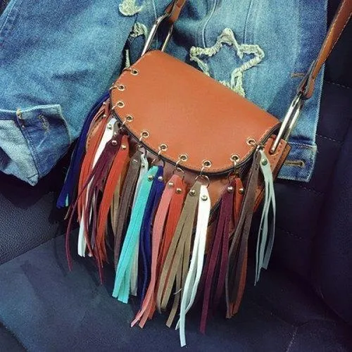 Bohemian Colorful Fringe and PU Leather Design Crossbody Bag For Women - Brown