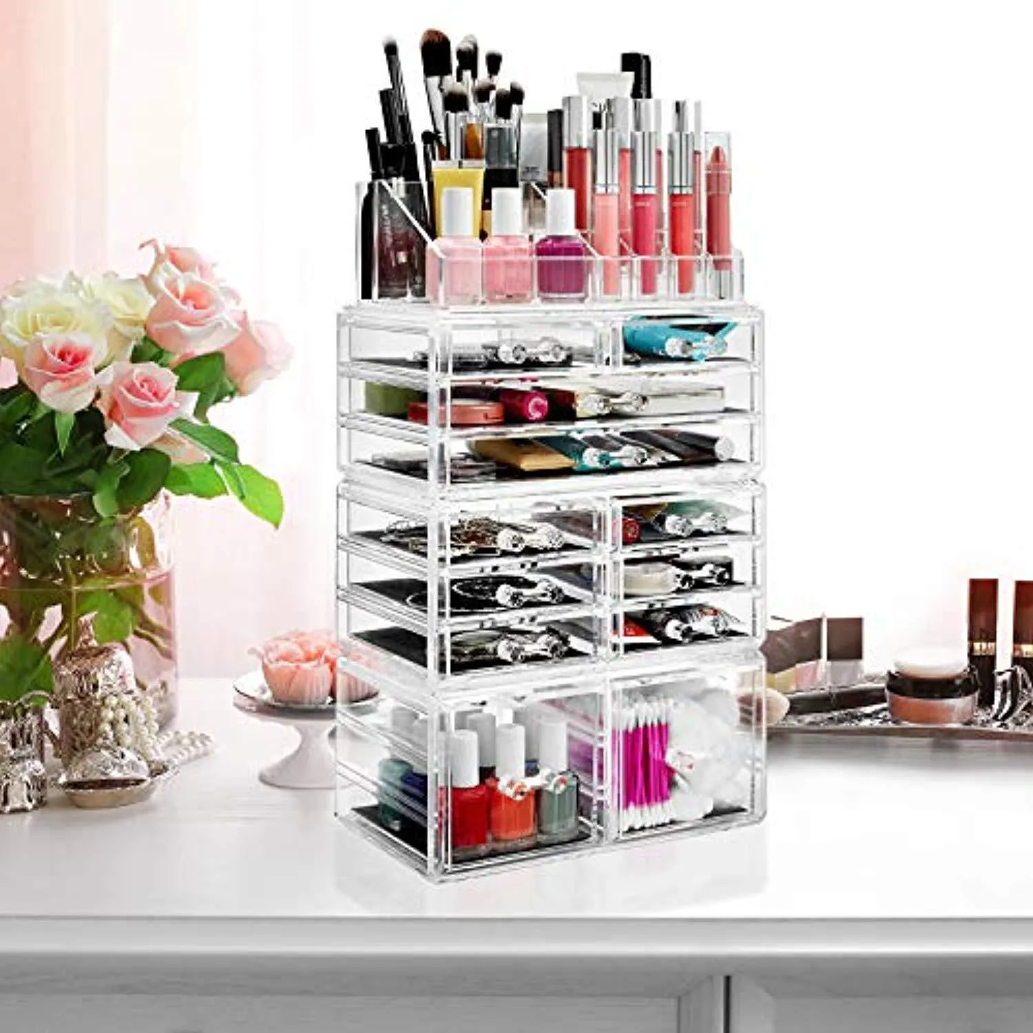 Casafield Acrylic Cosmetic Makeup Organizer & Jewelry Storage Display Case - Large 16 Slot, 2 Box & 10 Drawer Set - Clear