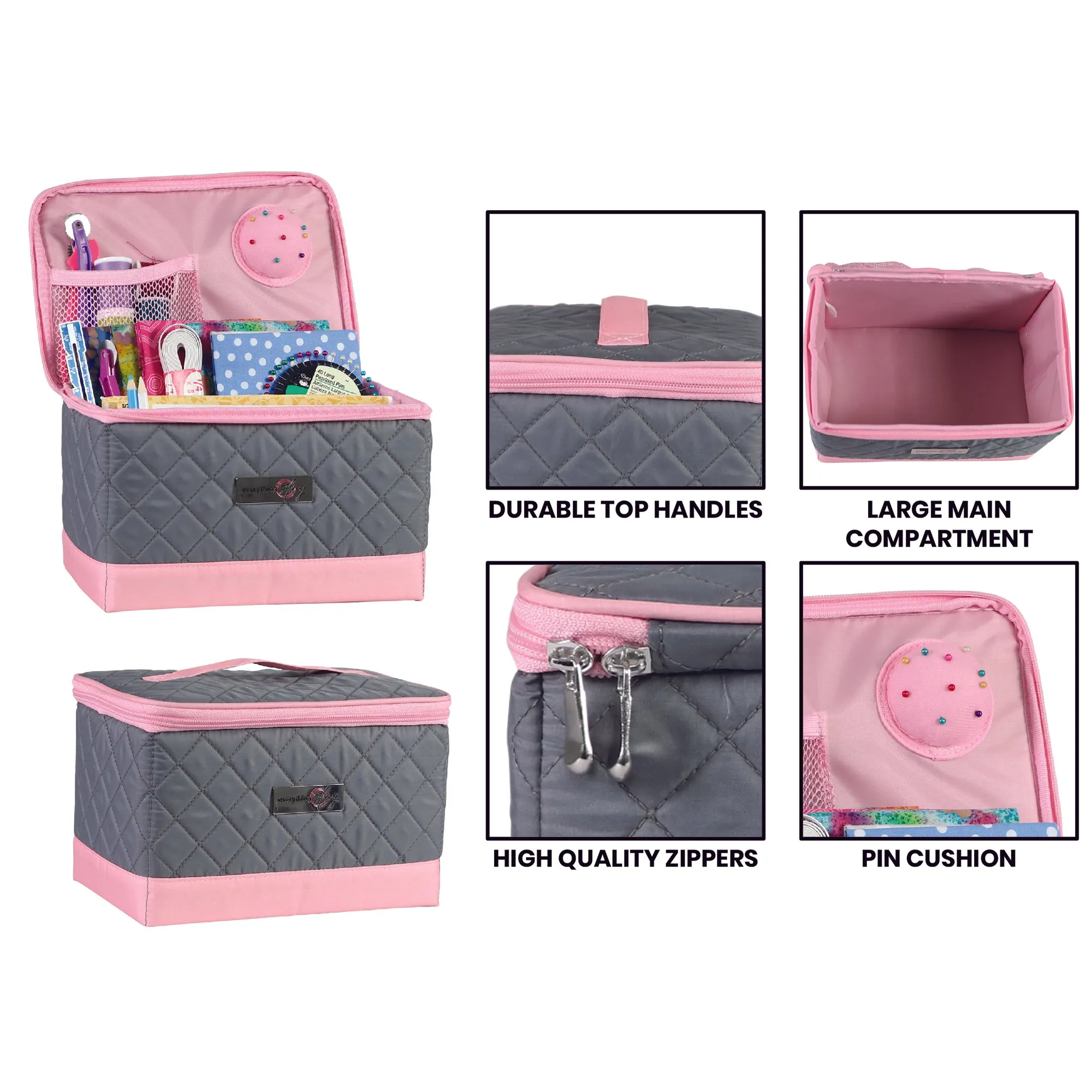 Collapsible Sewing Kit Organizer Box, Pink & Grey