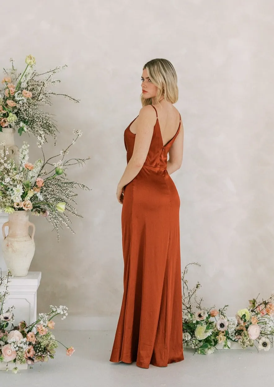 Cora Bridesmaid Dress In Terracotta Satin