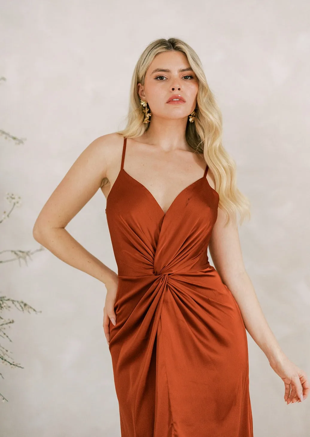 Cora Bridesmaid Dress In Terracotta Satin