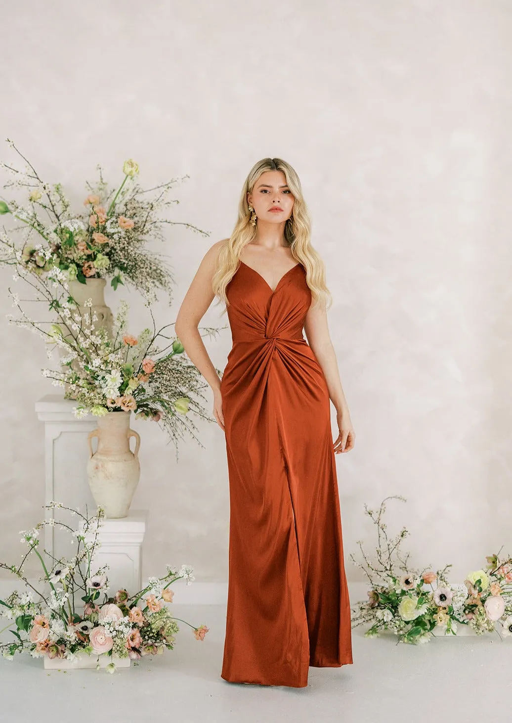 Cora Bridesmaid Dress In Terracotta Satin