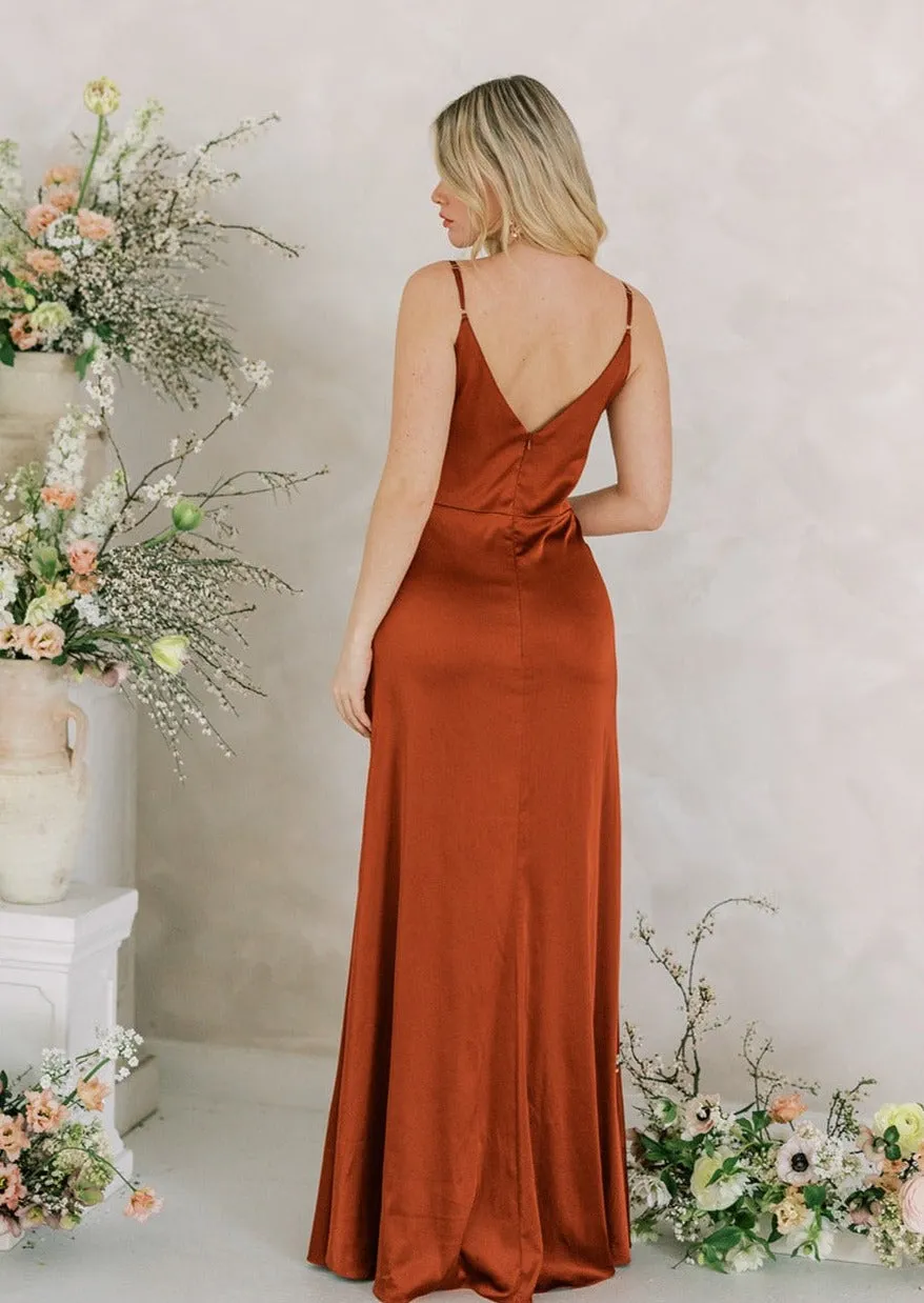 Cora Bridesmaid Dress In Terracotta Satin