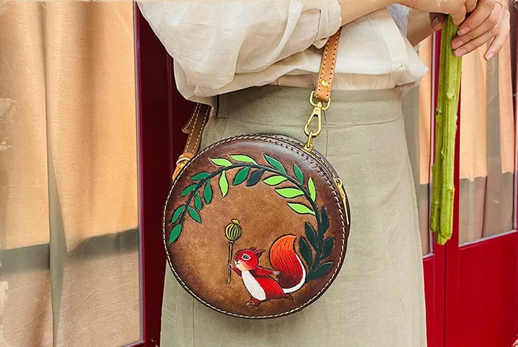 Cute Embossed Leather Circle Bag Hand Painted Side Bags For Women