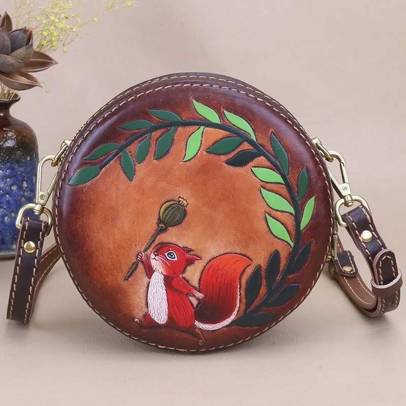 Cute Embossed Leather Circle Bag Hand Painted Side Bags For Women