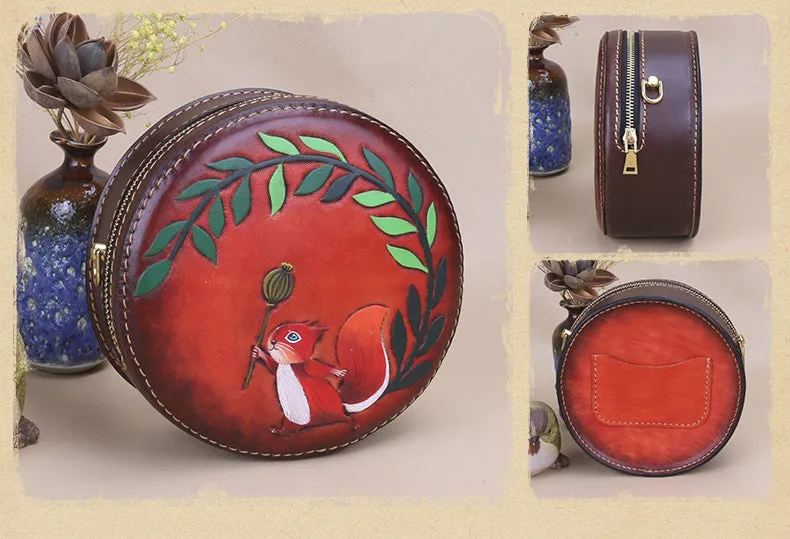 Cute Embossed Leather Circle Bag Hand Painted Side Bags For Women