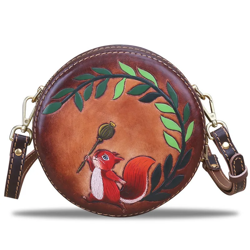 Cute Embossed Leather Circle Bag Hand Painted Side Bags For Women