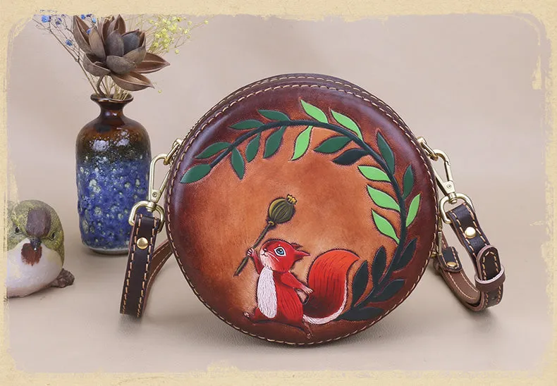 Cute Embossed Leather Circle Bag Hand Painted Side Bags For Women