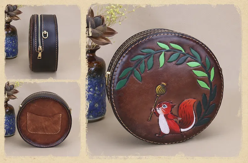 Cute Embossed Leather Circle Bag Hand Painted Side Bags For Women