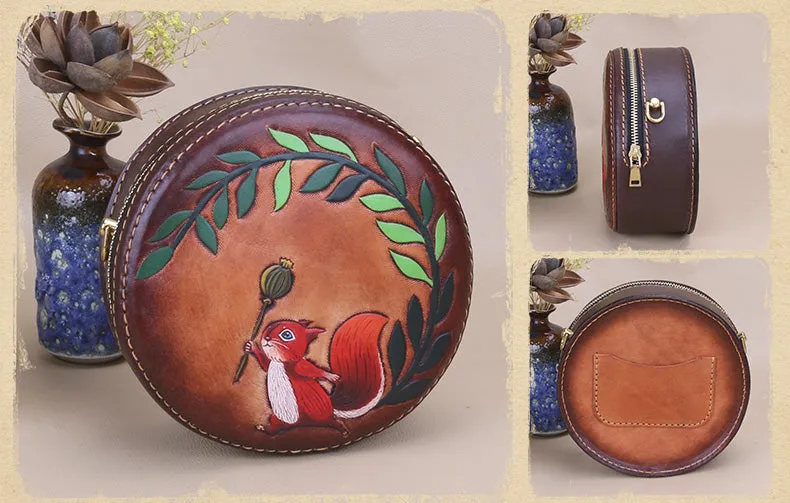 Cute Embossed Leather Circle Bag Hand Painted Side Bags For Women