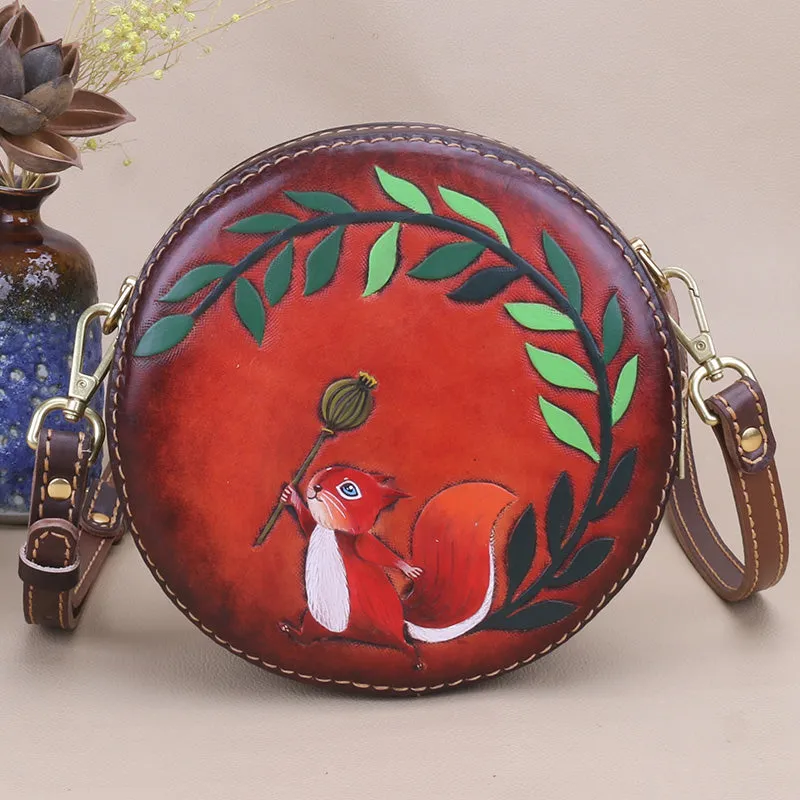 Cute Embossed Leather Circle Bag Hand Painted Side Bags For Women