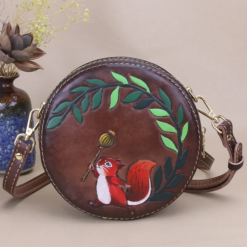 Cute Embossed Leather Circle Bag Hand Painted Side Bags For Women