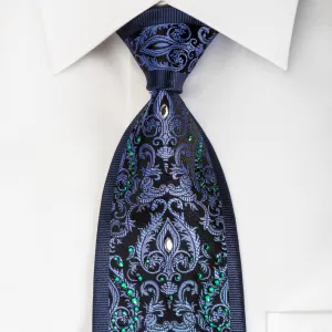 Daniel Hechter Silk Tie Silver Blue Damask On Navy Blue With Large Crystal Rhinestones