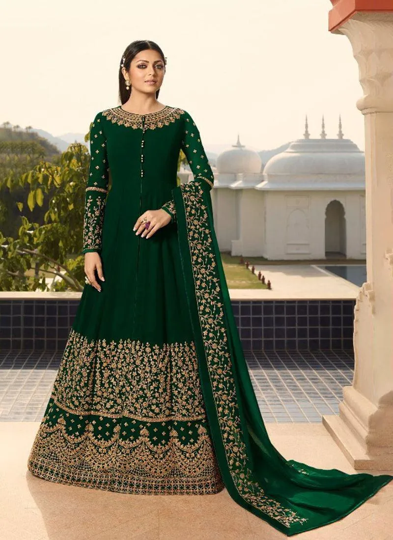 Dark Green Georgette Base Wedding Wear Embroidery And Anarkali Suit