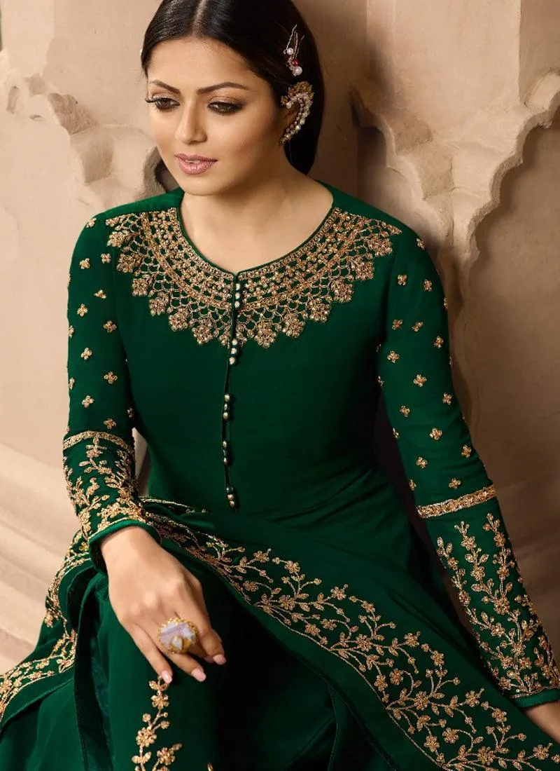 Dark Green Georgette Base Wedding Wear Embroidery And Anarkali Suit