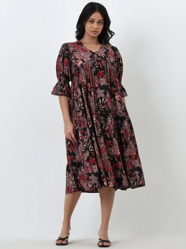 Diza Black Floral Printed Tiered Dress