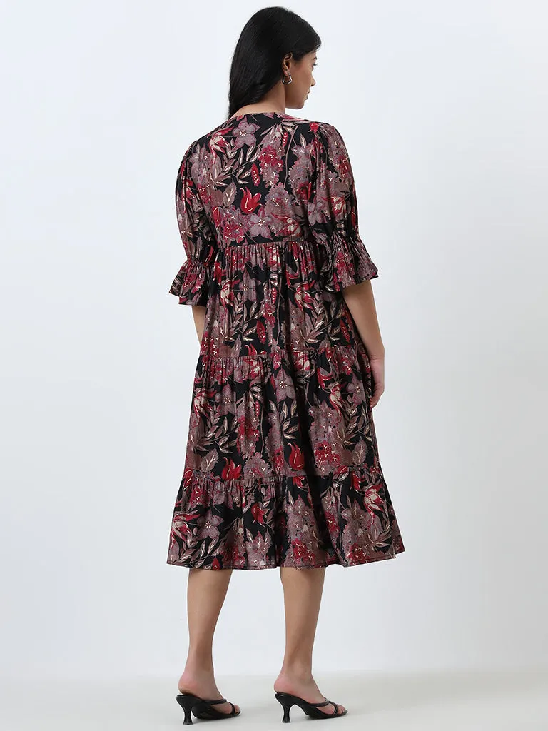 Diza Black Floral Printed Tiered Dress