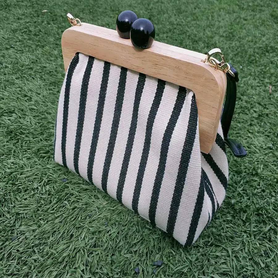 Duchi Striped Wooden Clip Shell Bags for Women Messenger Bag Canvas Bead Shoulder Crossbody Bags Ladies Clutch Purse Bolsa