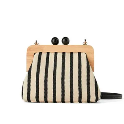 Duchi Striped Wooden Clip Shell Bags for Women Messenger Bag Canvas Bead Shoulder Crossbody Bags Ladies Clutch Purse Bolsa