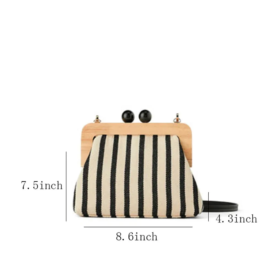 Duchi Striped Wooden Clip Shell Bags for Women Messenger Bag Canvas Bead Shoulder Crossbody Bags Ladies Clutch Purse Bolsa