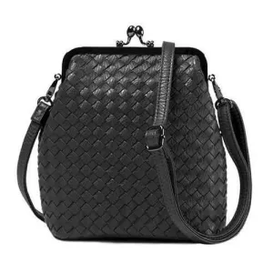 Elegant Weaving and Kiss Lock Design Crossbody Bag For Women - Black