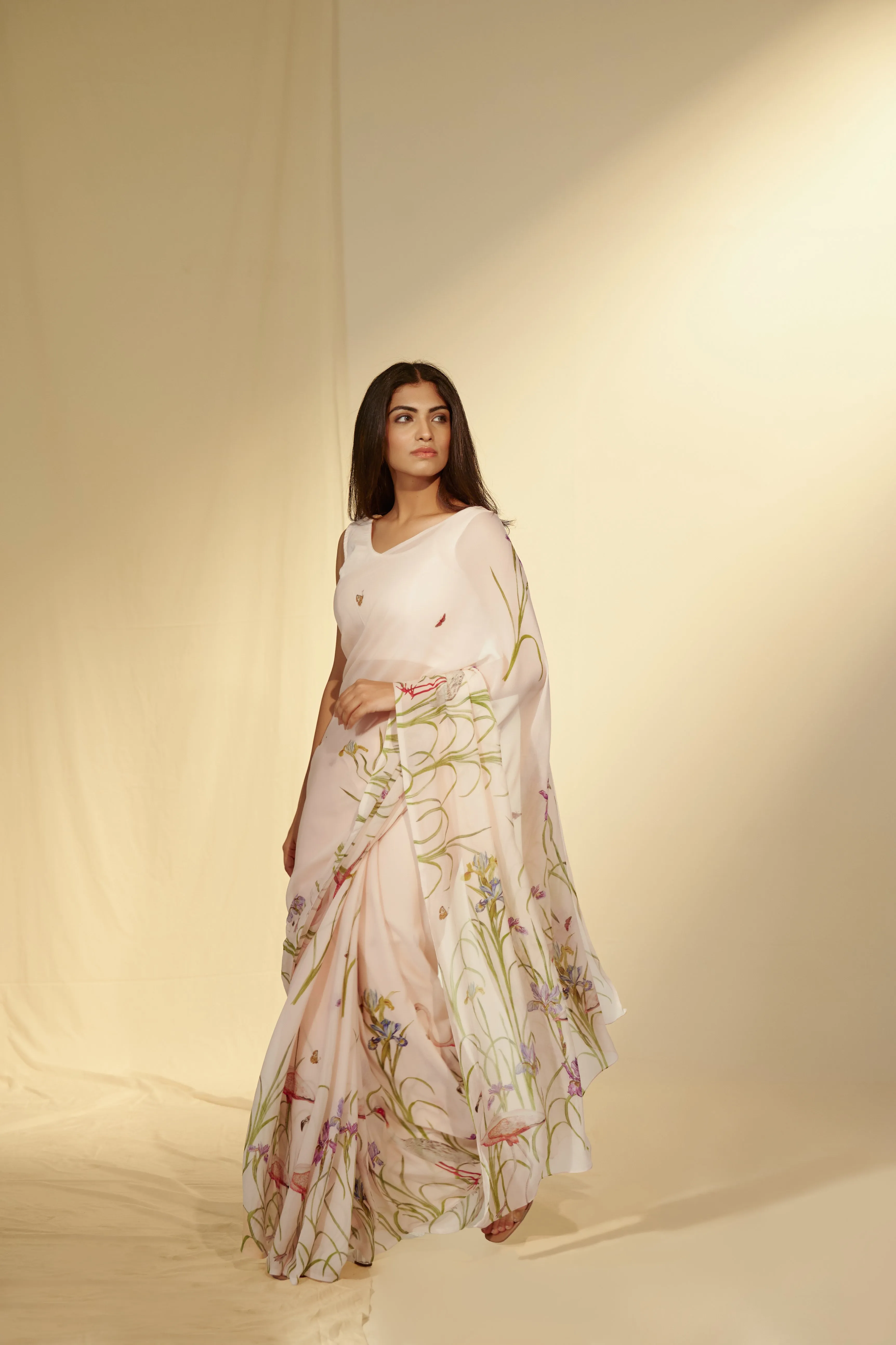 Enchanted Forest - Cranes & Irisis Chiffon Saree