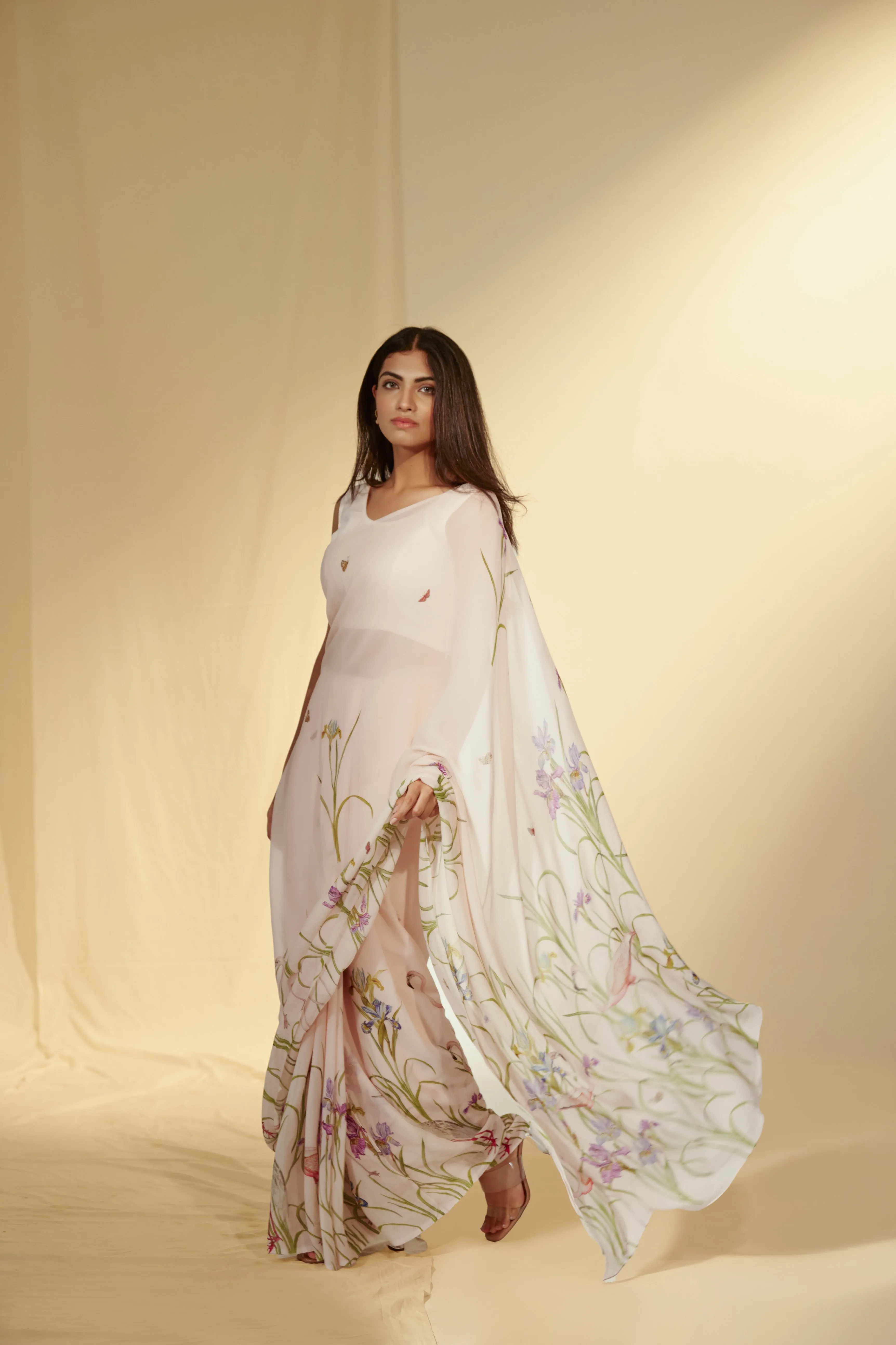 Enchanted Forest - Cranes & Irisis Chiffon Saree