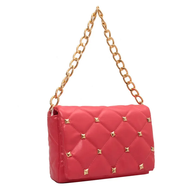 F7005 Soft Pu Bag Women's Fashion Rivet Rhombus Thick Chain Shoulder Underarm Women's Bag Bags Wholesale