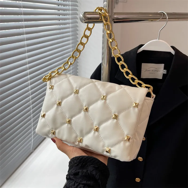 F7005 Soft Pu Bag Women's Fashion Rivet Rhombus Thick Chain Shoulder Underarm Women's Bag Bags Wholesale