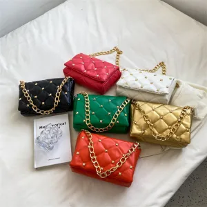 F7005 Soft Pu Bag Women's Fashion Rivet Rhombus Thick Chain Shoulder Underarm Women's Bag Bags Wholesale