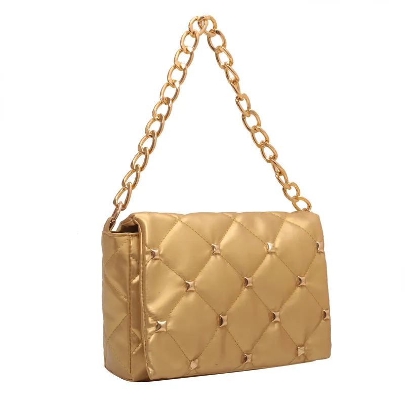 F7005 Soft Pu Bag Women's Fashion Rivet Rhombus Thick Chain Shoulder Underarm Women's Bag Bags Wholesale