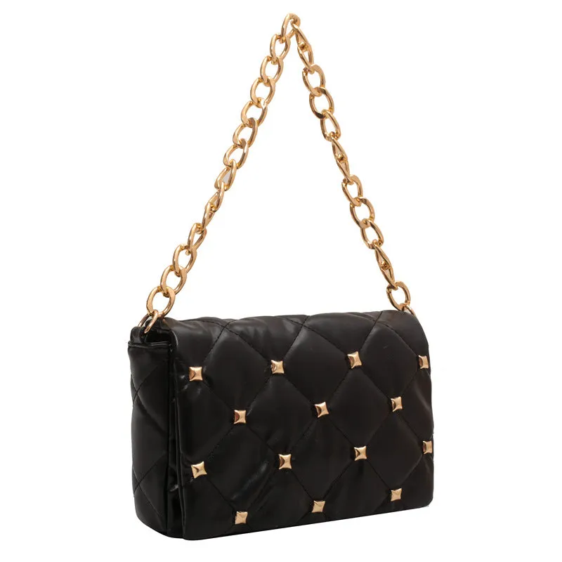 F7005 Soft Pu Bag Women's Fashion Rivet Rhombus Thick Chain Shoulder Underarm Women's Bag Bags Wholesale