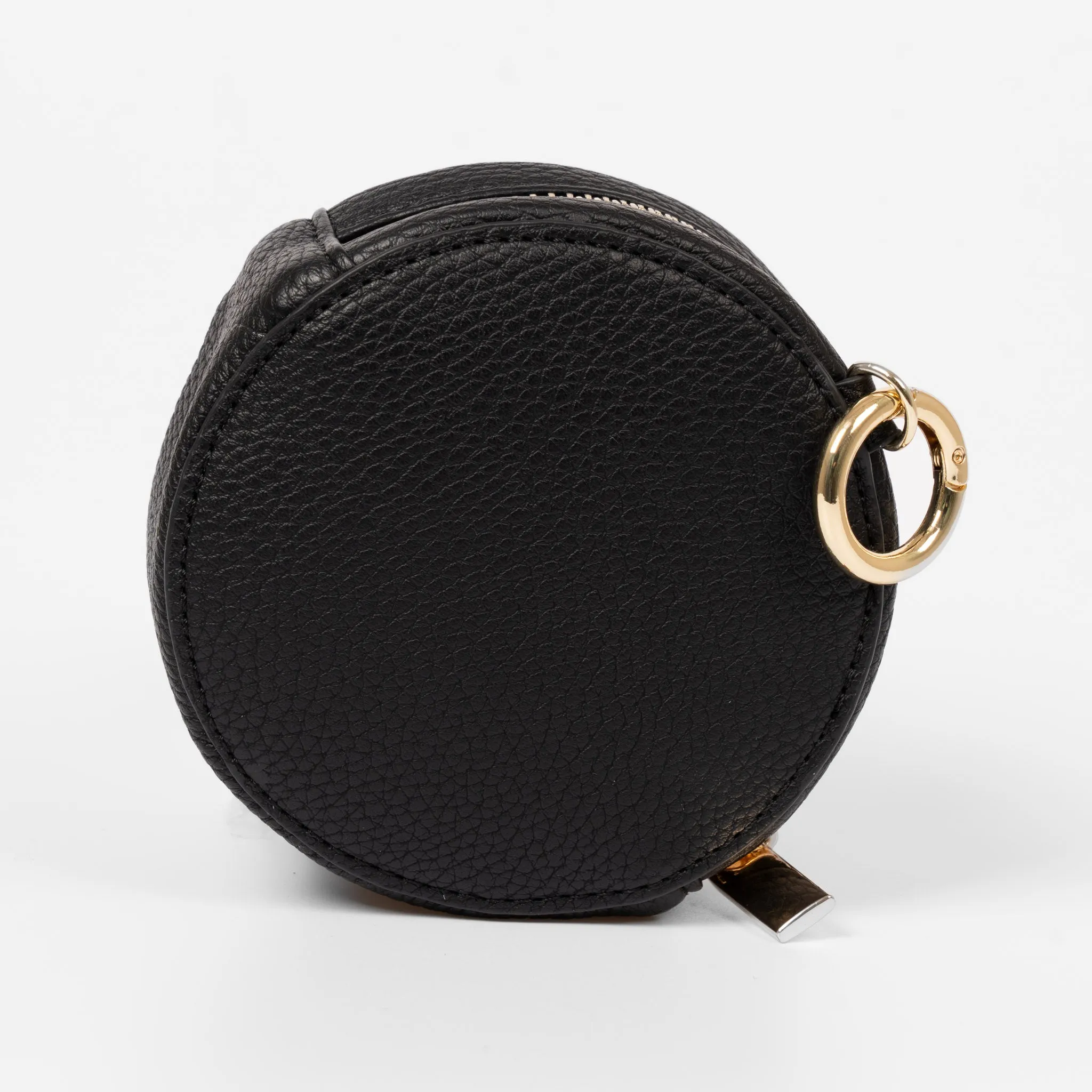 Finley Round Coin Purse - Black, Pebbled Faux Leather