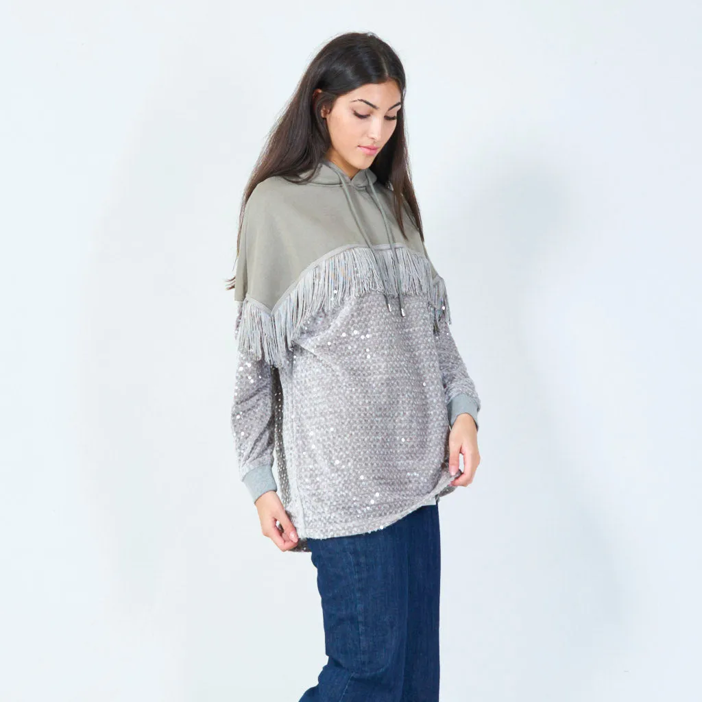 Fringe sequin hoodie with relaxed fit wholesale